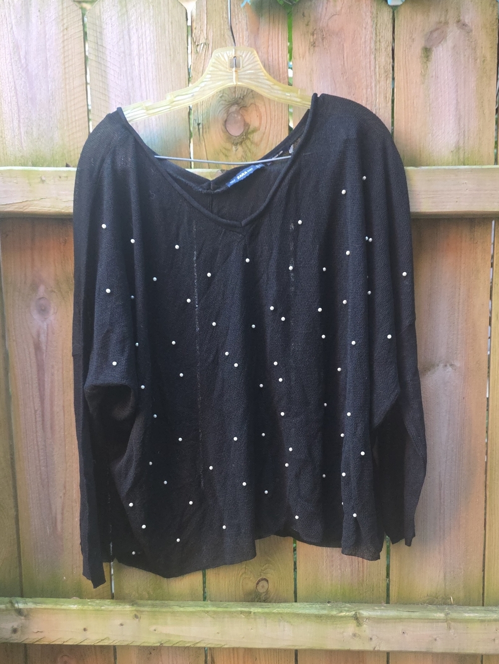 Zara Black V-Neck Pearl-Studded Sweater